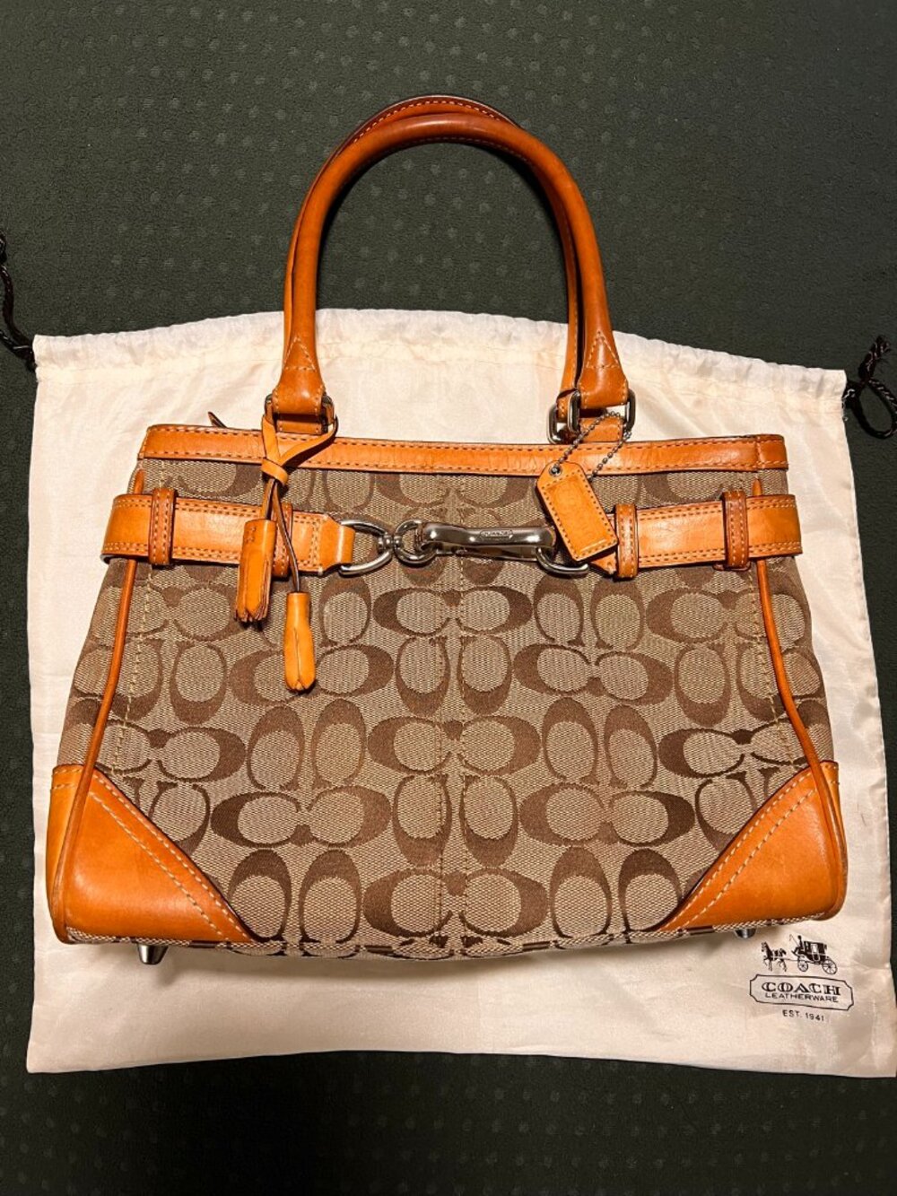 Coach Hamptons Signature Canvas Satchel – Horsebit Belt, Tan Leather Trim